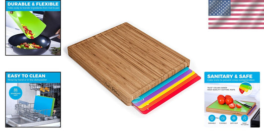 Durable Bamboo Cutting Board with Color-Coded Flexible Mats for Kitchen Safety