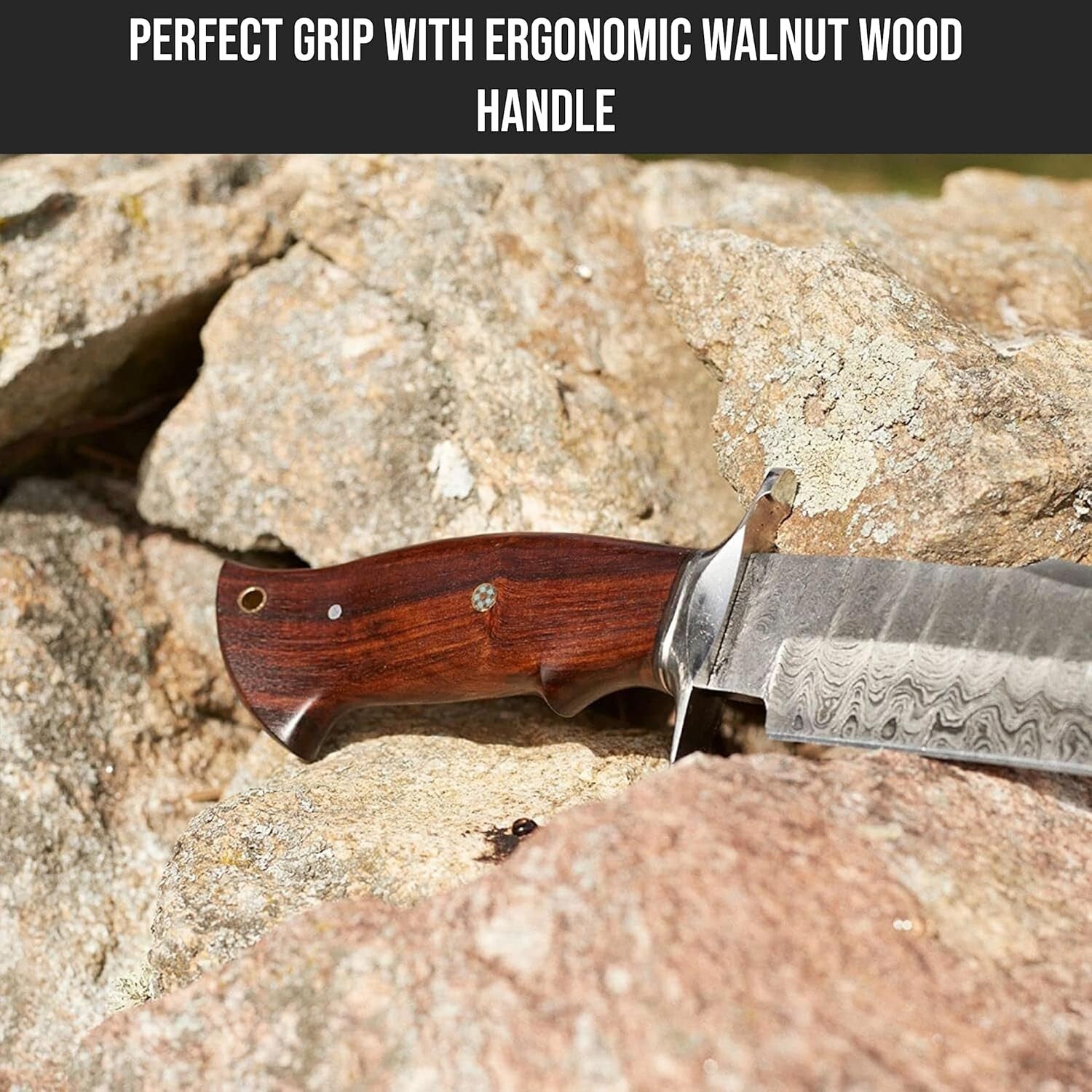 Durable Damascus Hunting Knife with Compound Bevel Blade & Leather Sheath