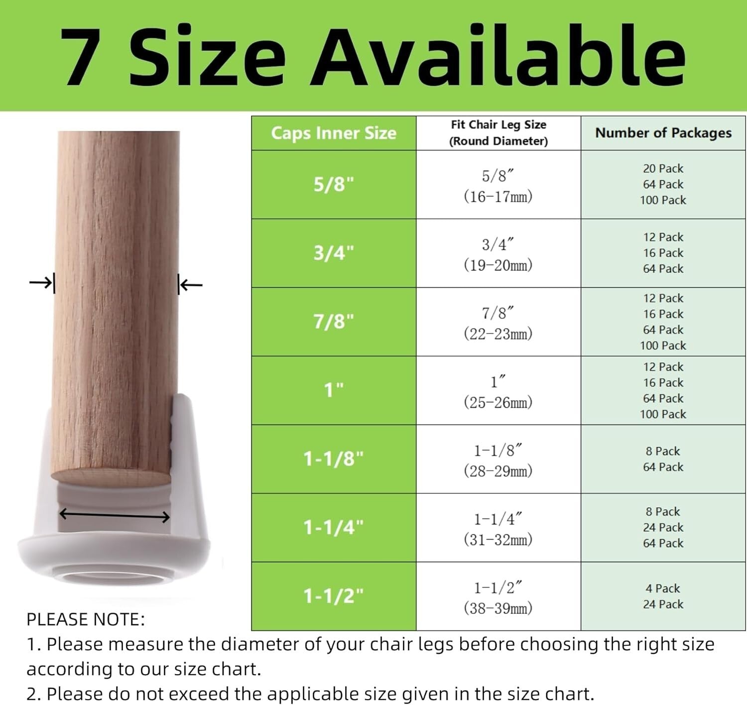 7/8" Inner Diameter Chair Leg Caps - 100 Pack Non-Slip Rubber Round Protectors