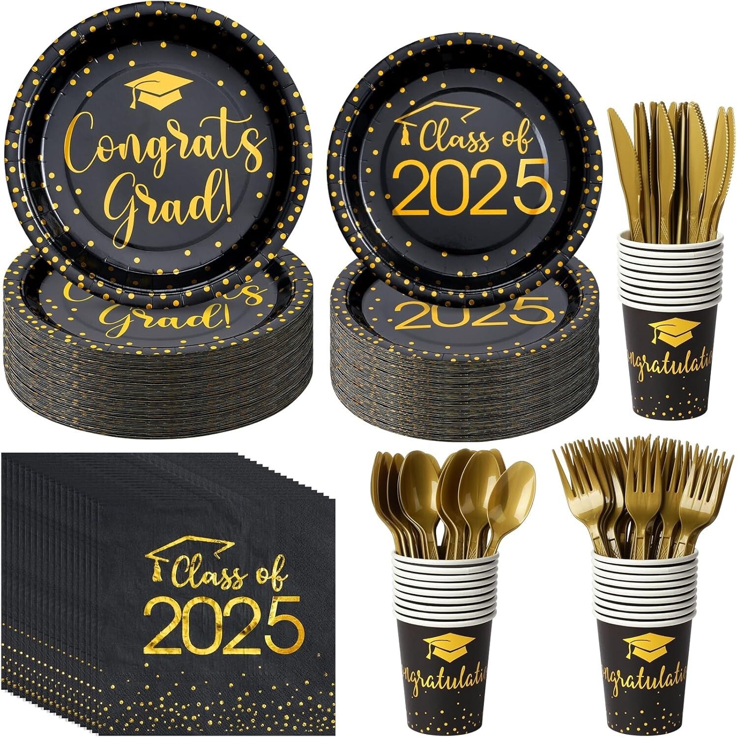 Easy-Clean 700pcs Graduation Essentials Set - Serve 100 in Black & Gold Elegance