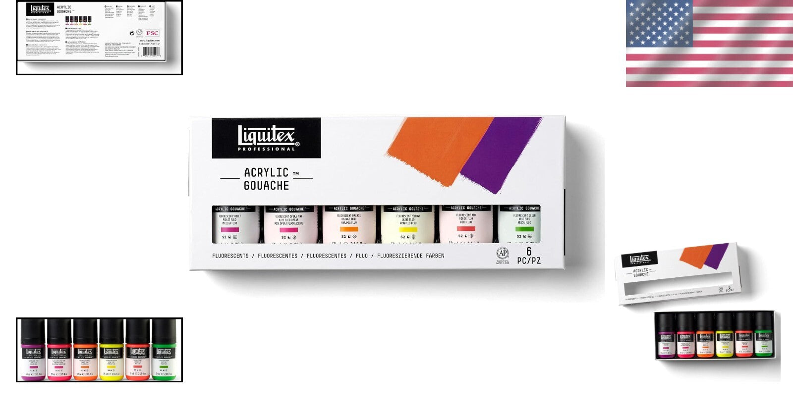 Vibrant Professional Fluorescent Acrylic Gouache - 6 x 2oz with Matte Finish