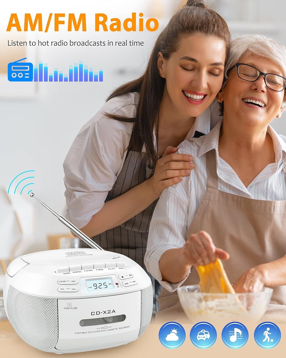 Bluetooth CD Player Boombox with AM/FM Radio, Tape Recording & Remote Control