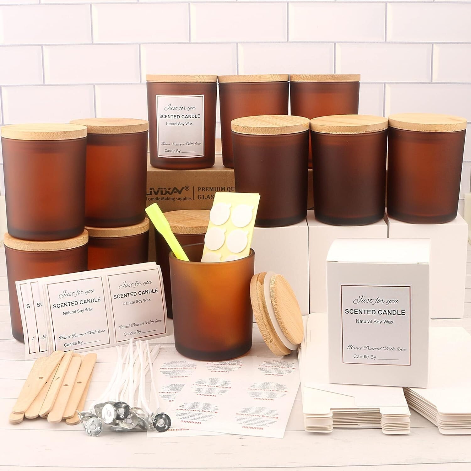 Elegant 12 OZ Frosted Amber Candle Jars with Bamboo Lids - Crafting Kit Included