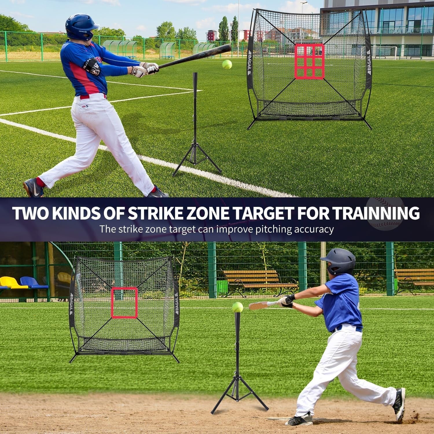Durable 7x7 ft Bow Frame Net with Adjustable Tee & Strike Zones for Training