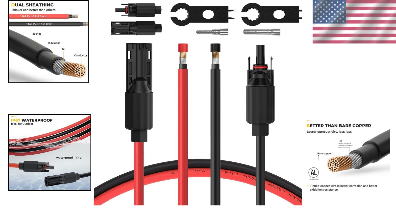 8AWG Weatherproof Solar Extension Cable Kit with Male/Female Connectors - 10ft