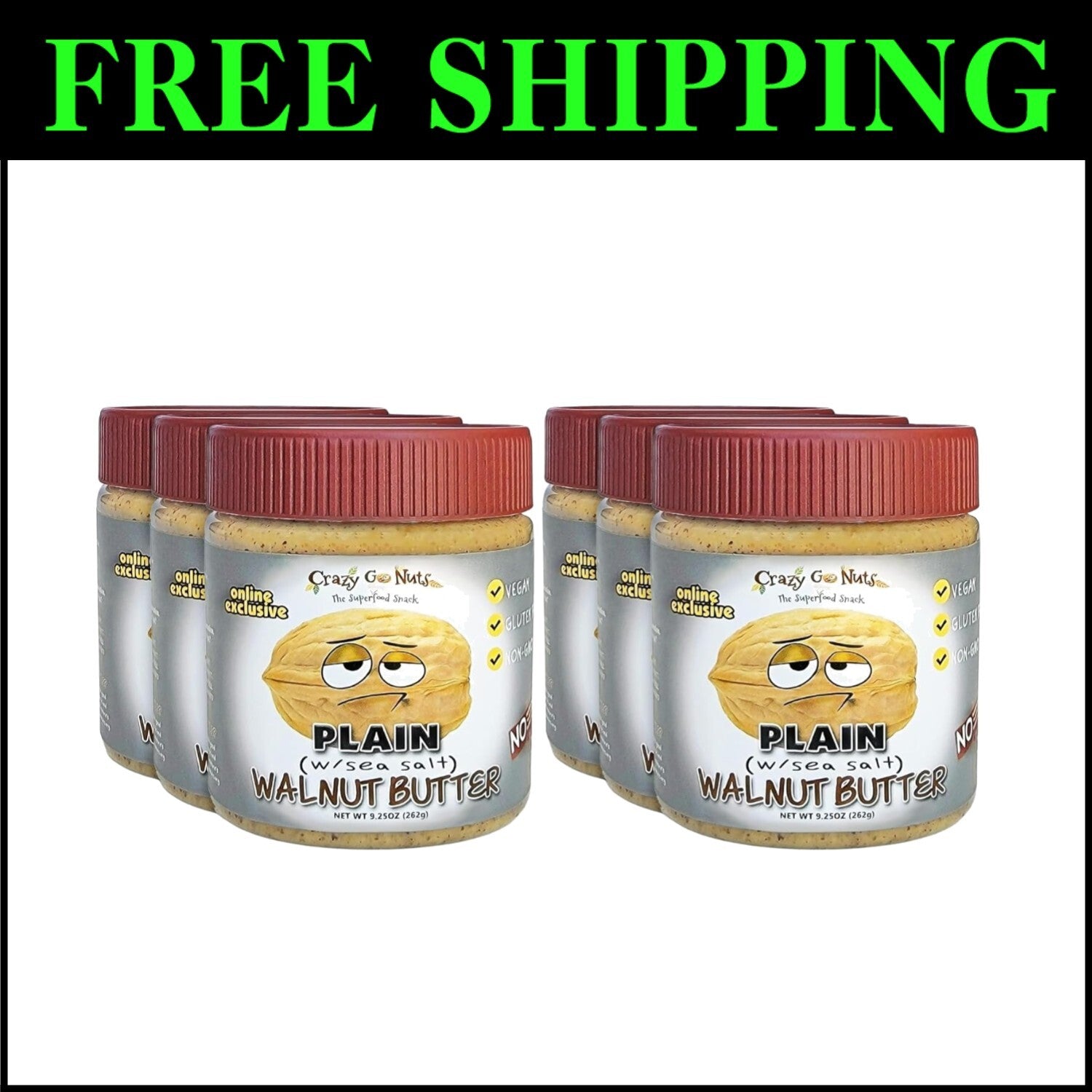 Delicious Walnut Butter with Sea Salt - Vegan, Superfood Snack 9.25 oz 6-Pack
