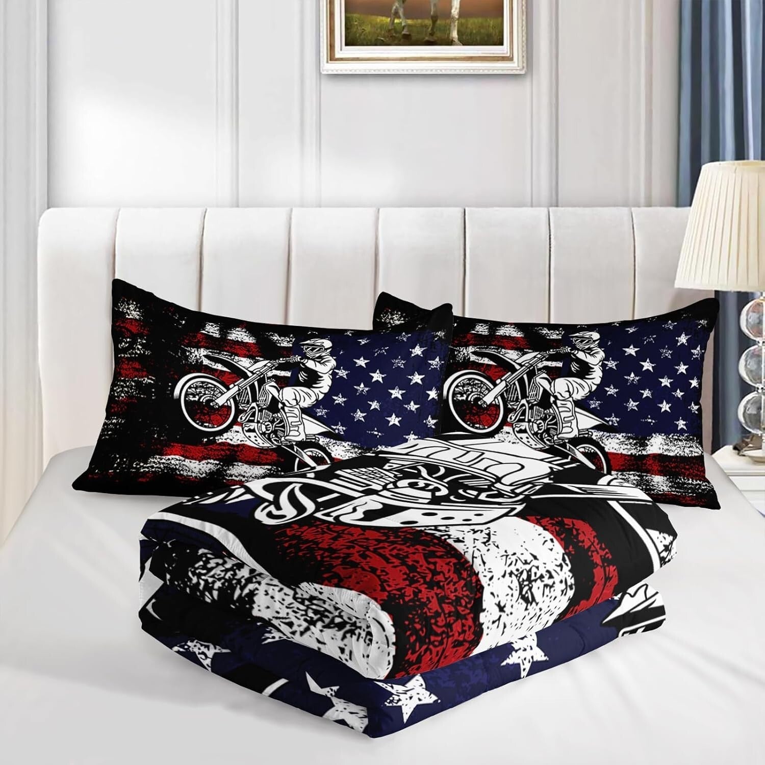 Vibrant Dirt Bike Quilt and Pillowcases Set - Perfect Bedding for Motocross Fans
