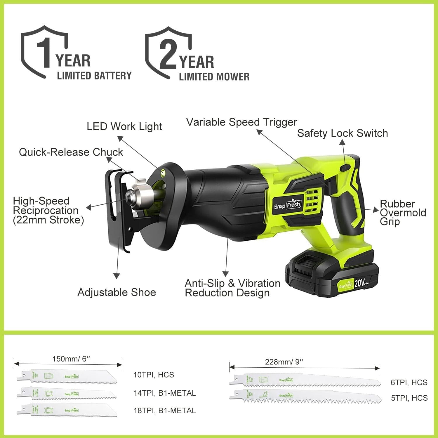 20V Cordless Reciprocating Saw - 3000 SPM, Tool-Free & LED Light for Precision