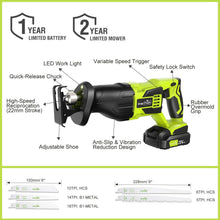 Load image into Gallery viewer, 20V Cordless Reciprocating Saw - 3000 SPM, Tool-Free &amp; LED Light for Precision