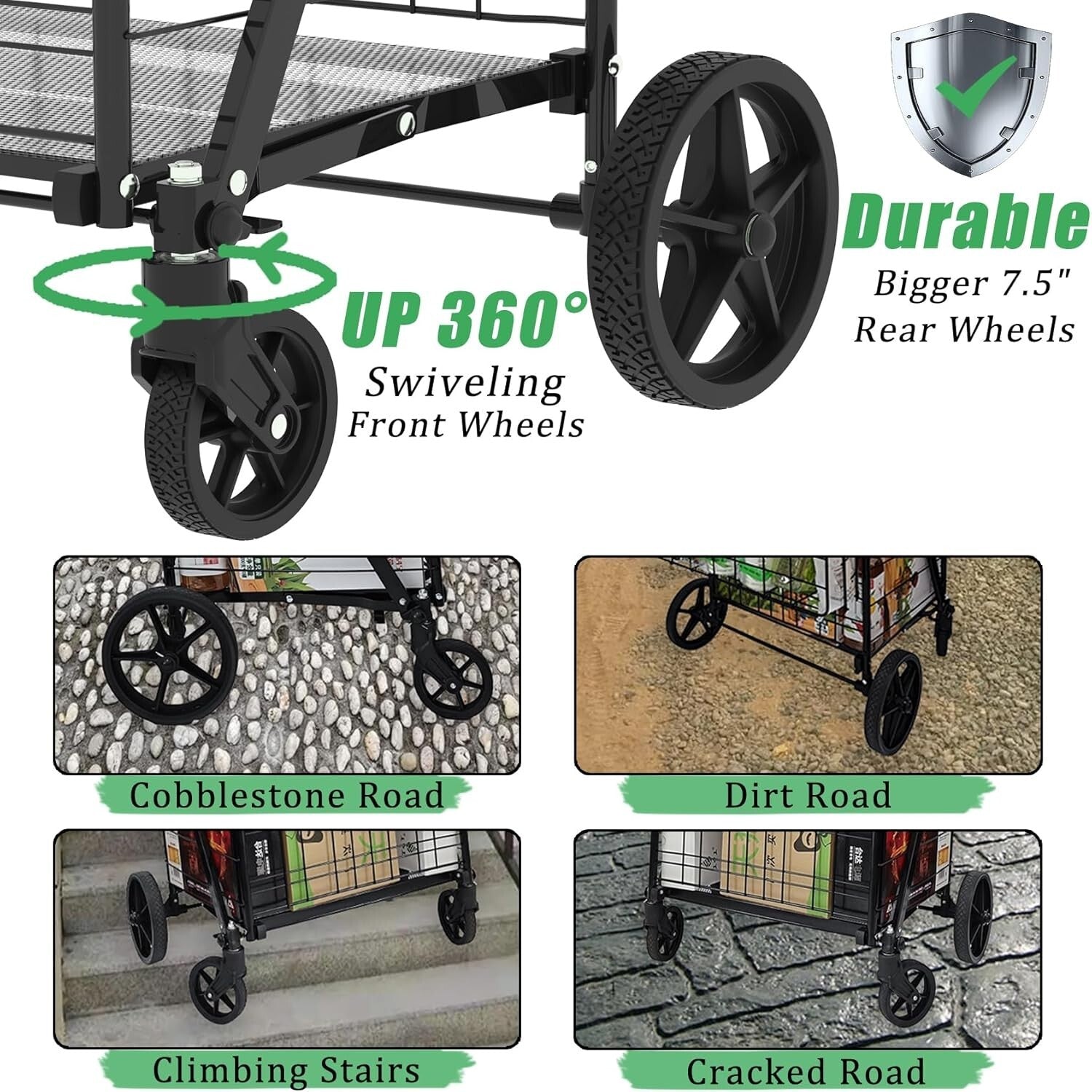 Heavy-Duty Folding Shopping Cart - 360° Swivel Wheels, Holds 440 LBS
