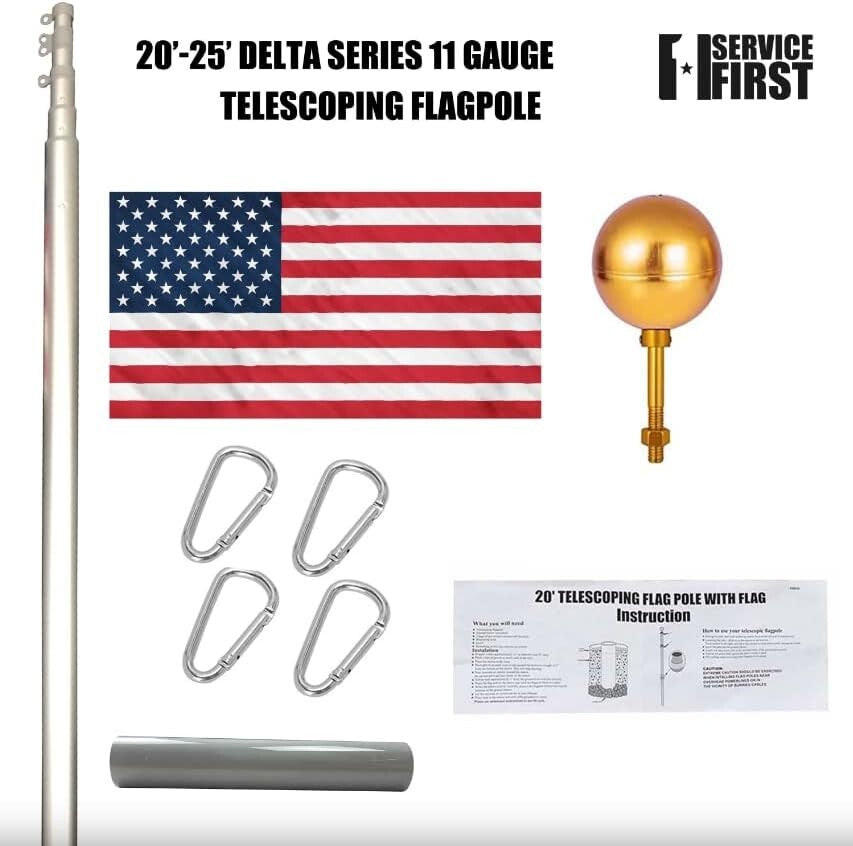 No Rust 20-Foot Telescoping Flagpole Kit - Complete with USA Flags and Hardware