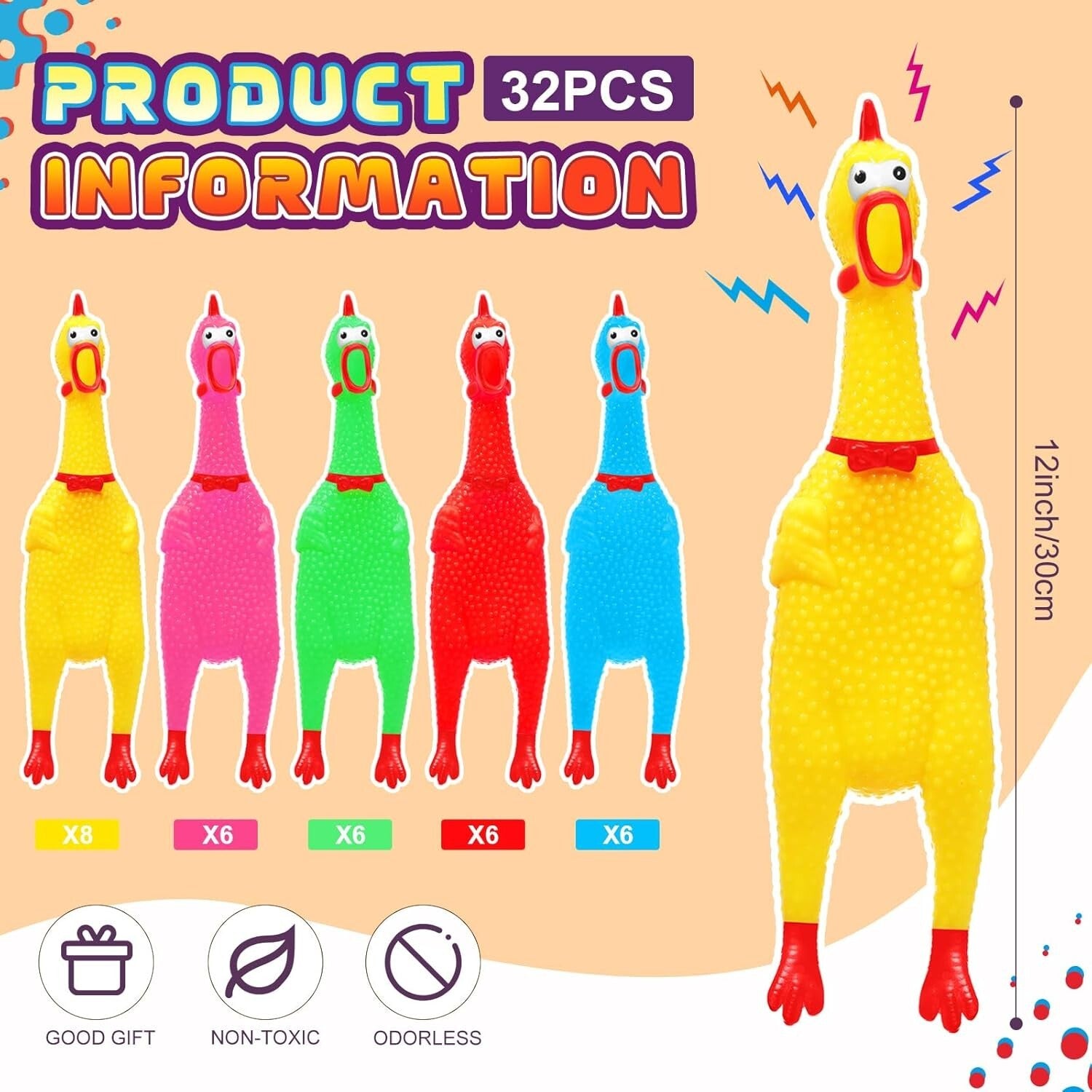 Funny 12'' Rubber Chicken Toy Set - 32 Multi-Colored Squeaky Stress Busters
