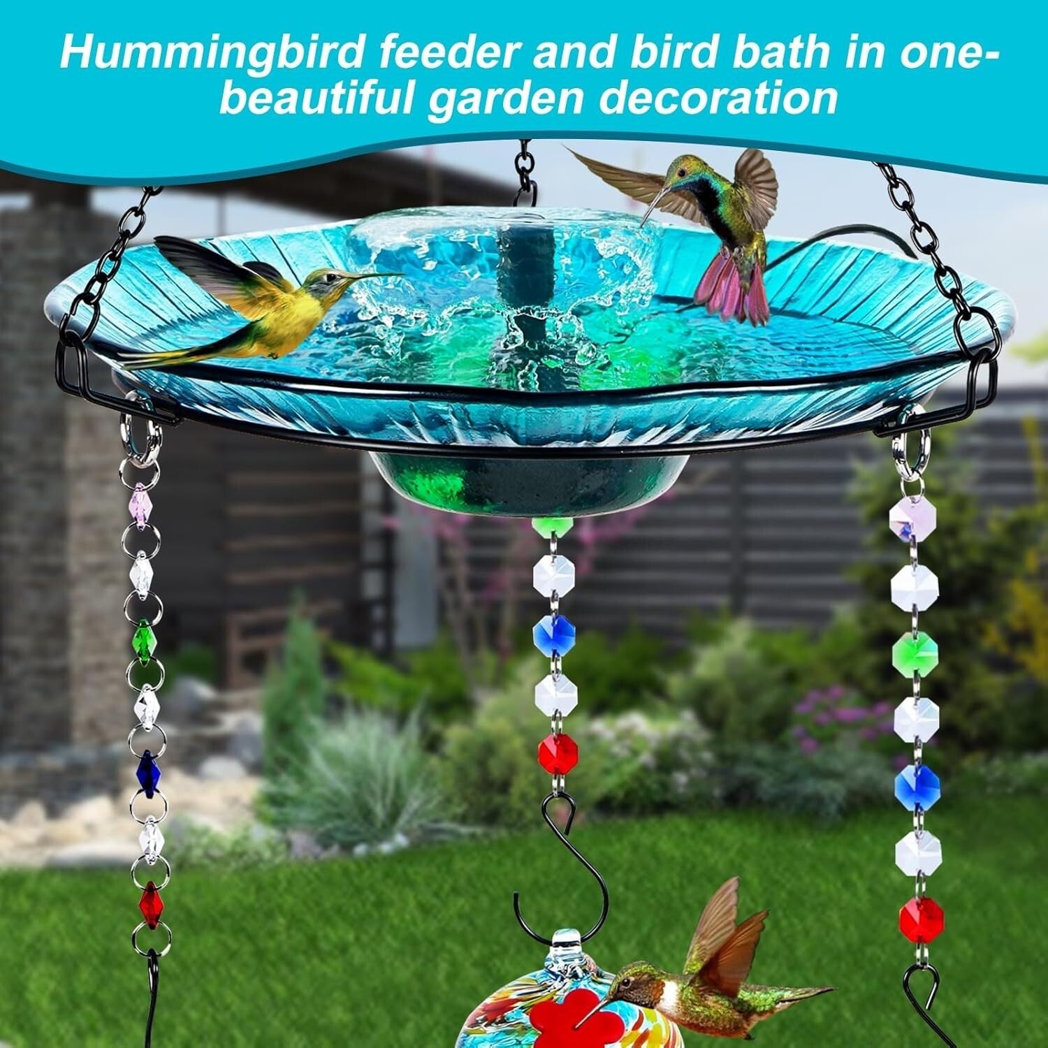Luxury Hanging Bird Feeder and Bath for Hummingbirds - Solar Fountain Included