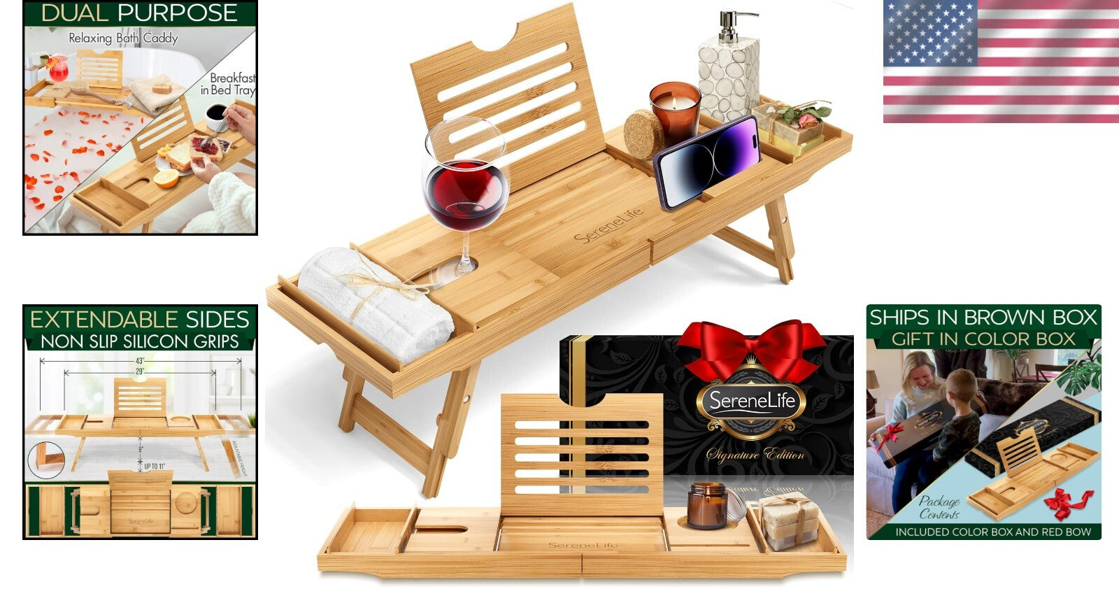 Elegant Bamboo Bath Caddy with Sliding Arms & Gift Box - Perfect for Relaxation