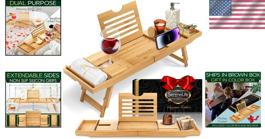 Elegant Bamboo Bath Caddy with Sliding Arms & Gift Box - Perfect for Relaxation