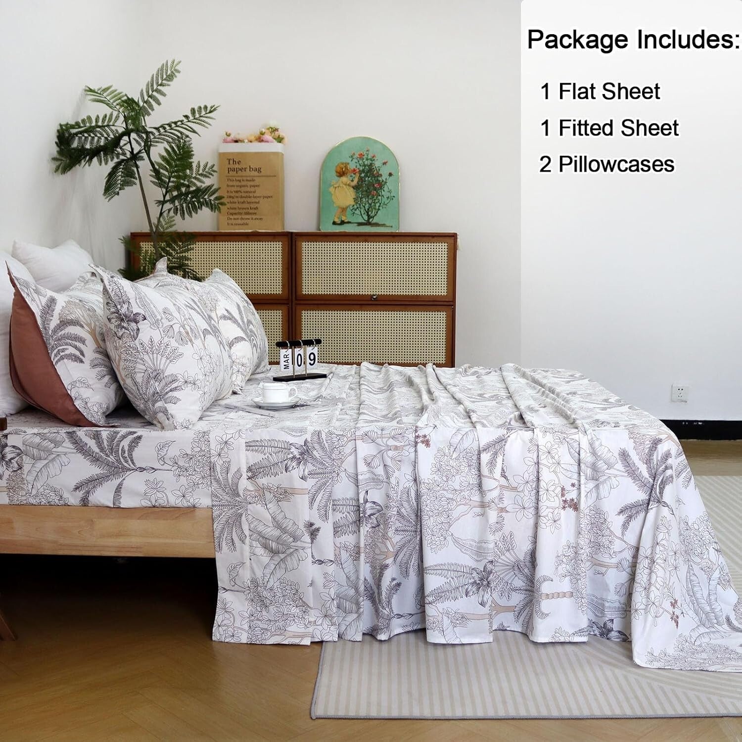 Breathable 100% Cotton Floral Sheet Set Queen – Coastal Coconut Tree Design