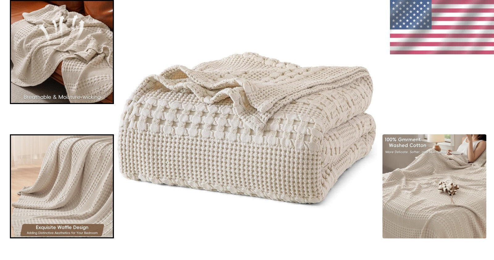 Elegant Oatmeal Waffle Weave Blanket - Soft King Size 108"x90", Machine Washable