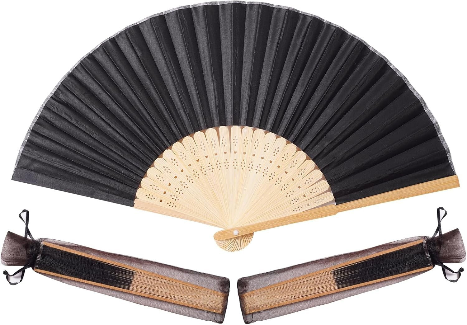 Elegant 50pcs Black Fabric Hand Fans with Organza Bags - Perfect for Weddings