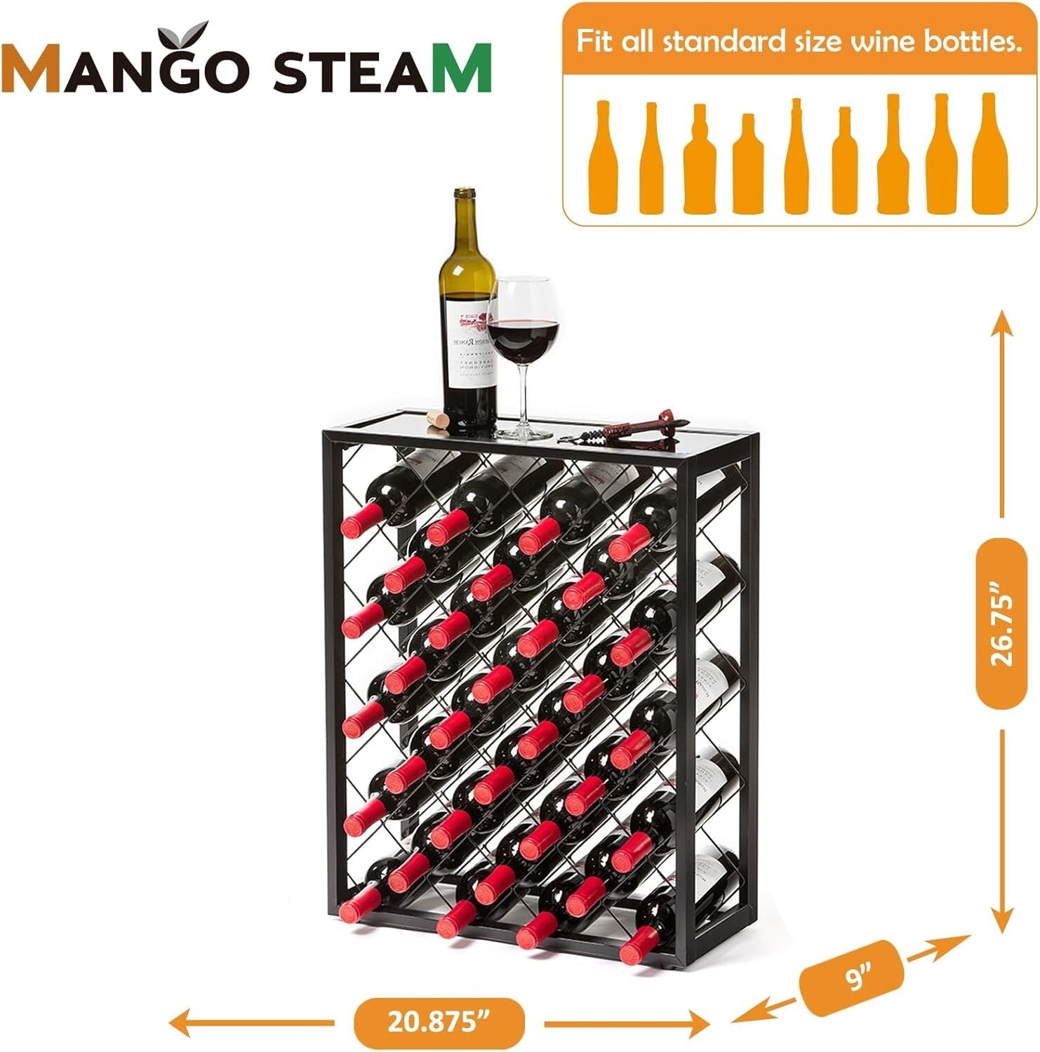 Modern Free-Standing Wine Rack with Tempered Glass Top - Holds 32 Bottles