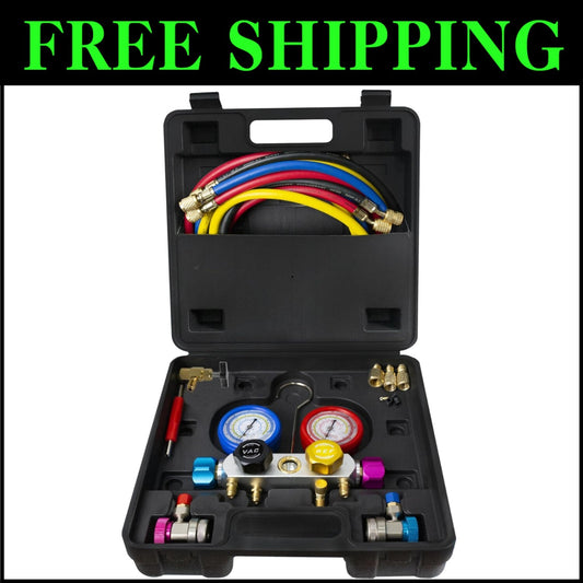 Heavy-Duty AC Manifold Gauge Set with Color-Coded Hoses - Quick Connection