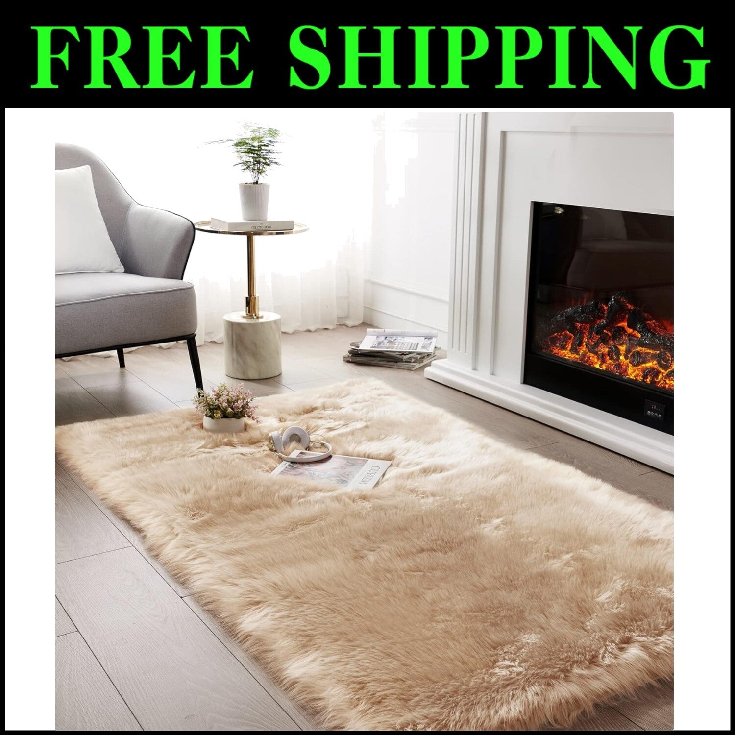 Luxurious 4x6 Feet Beige Faux Sheepskin Shaggy Area Rug for Comfort & Elegance