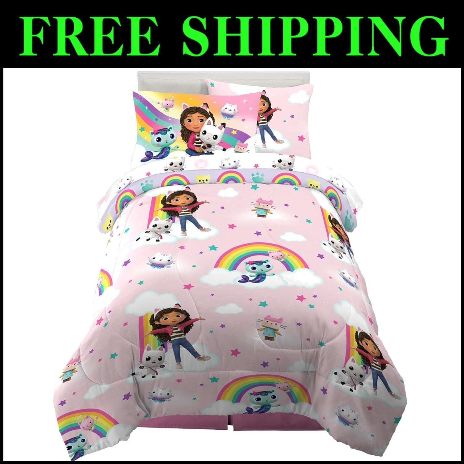 Gabby’s Dollhouse Cartoon Character Twin Bedding Set - 5-Piece Soft Microfiber