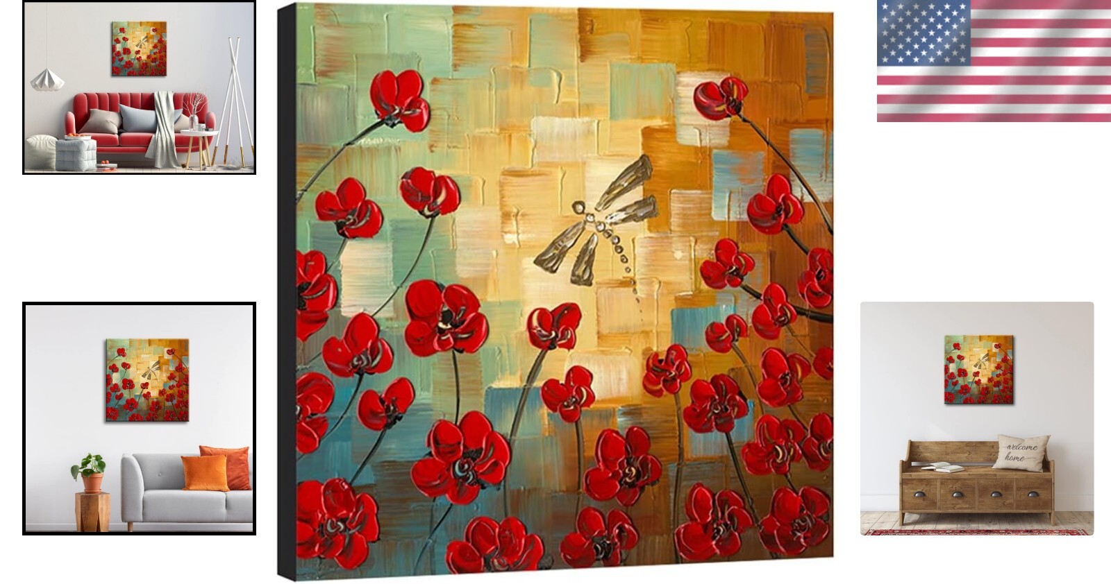 Gallery Wrapped 24x24 Dragonfly Floral Oil Painting - Ready to Hang Luxury Art