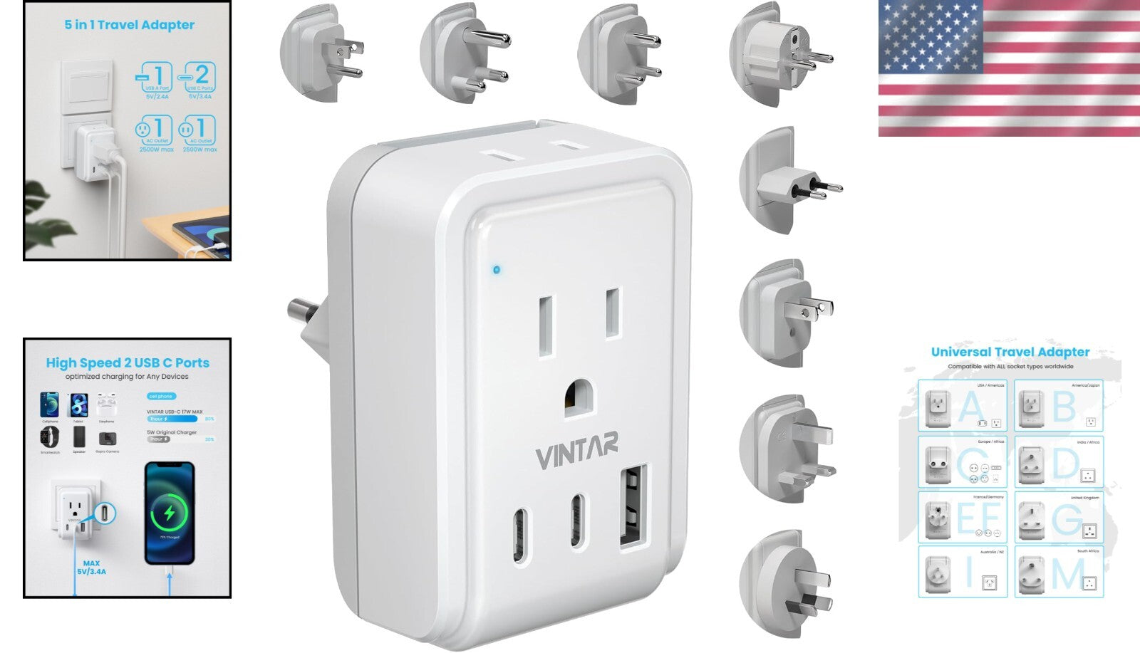 5-in-1 Universal Travel Adapter with USB Ports: Compatible for 150+ Countries