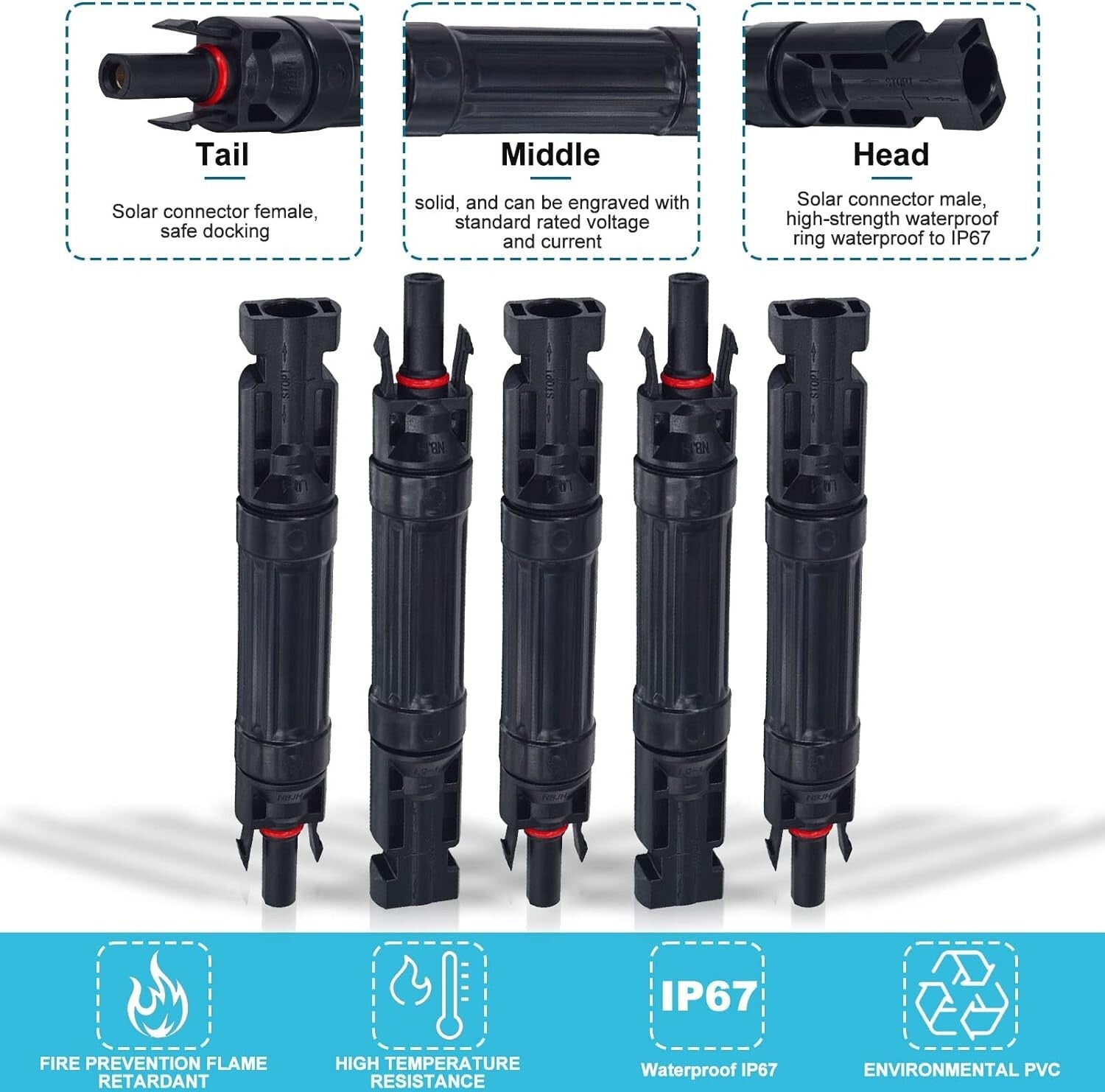 Durable 10A Solar Fuse Connector Set - Male & Female Inline Connection, 5 pcs