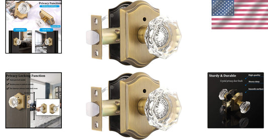 2-Pack Crystal Privacy Door Lock Sets - Antique Brass Knob with Push Button Lock