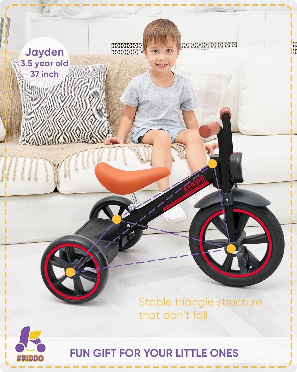 Triangular Design Kids Tricycle with Puncture-Free Wheels for Safe Toddler Rides