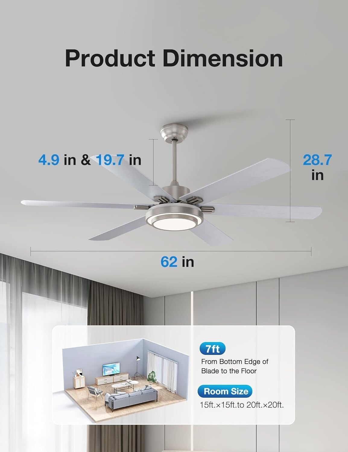 Elegant Ceiling Fan with Lights - 62 Inch, Timer, Remote, Brushed Nickel Finish
