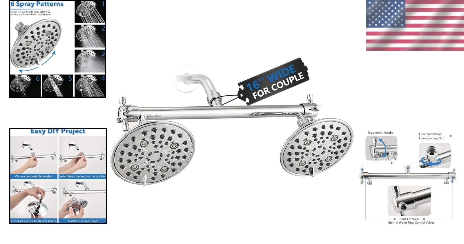 Polished Stainless Steel Dual Shower Head for Couples - 6 Adjustable Functions