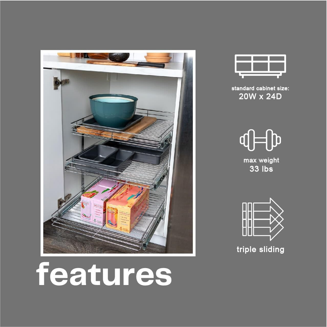 Durable 3-Tier Chrome Kitchen Slide-Out Organizer for Efficient Cookware Storage