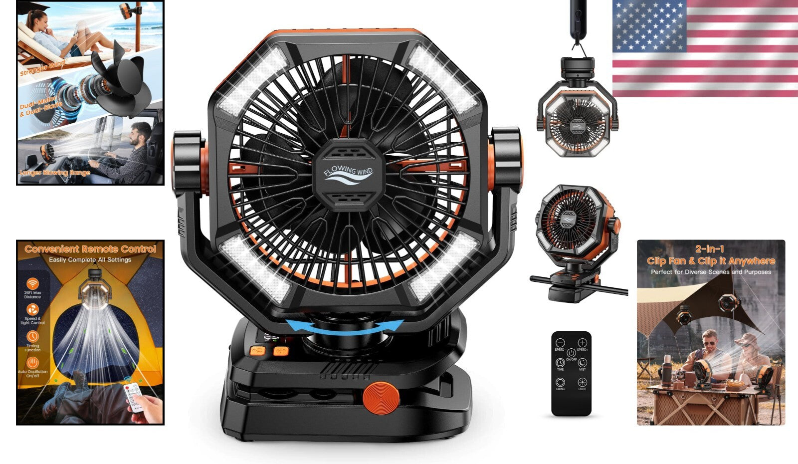 Rechargeable Camping Fan with 5 Speeds & 270-Degree Rotation for Comfort