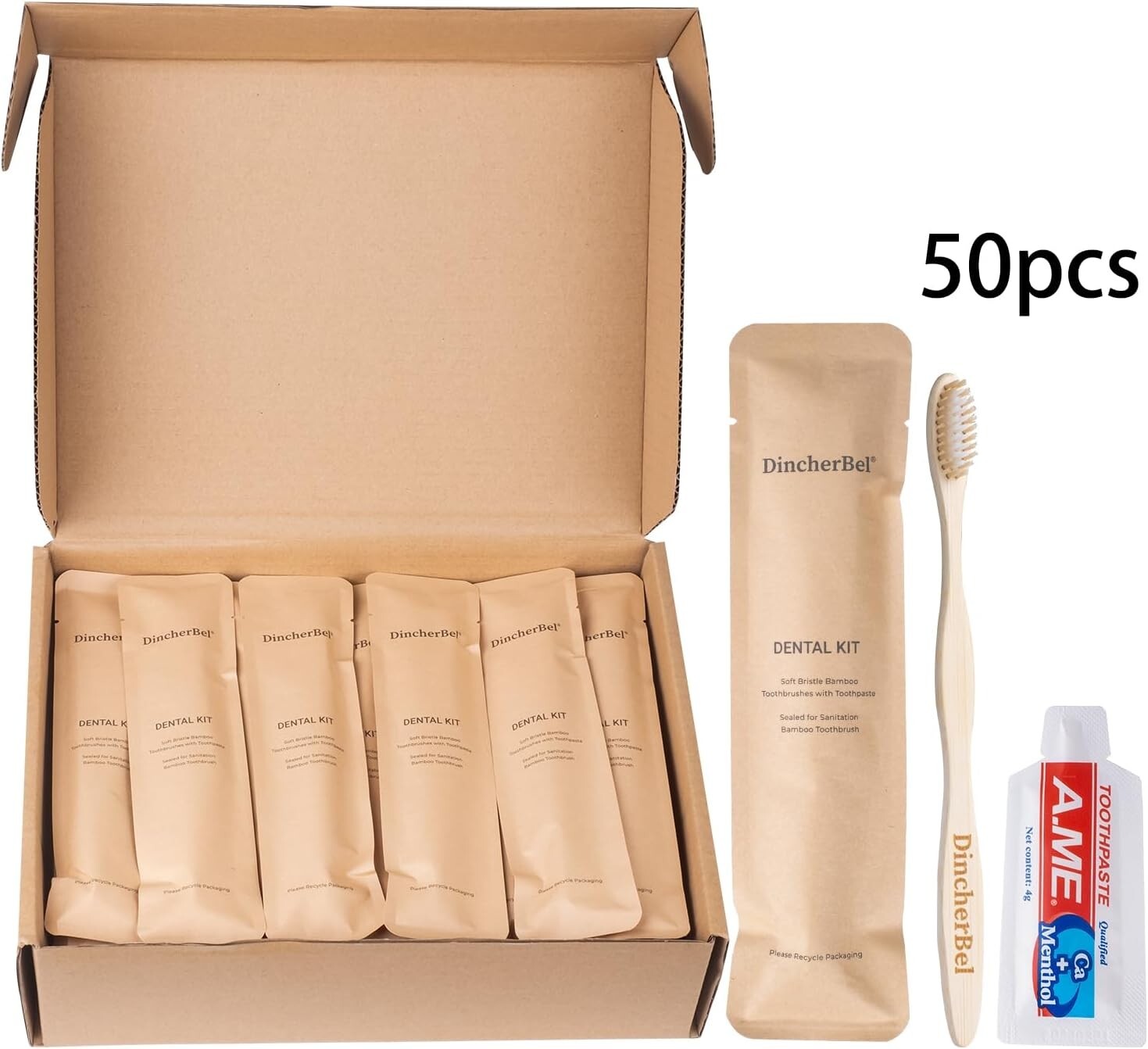 Biodegradable Travel Toothbrush Kit - 50 Disposable Bamboo Brushes & Toothpaste