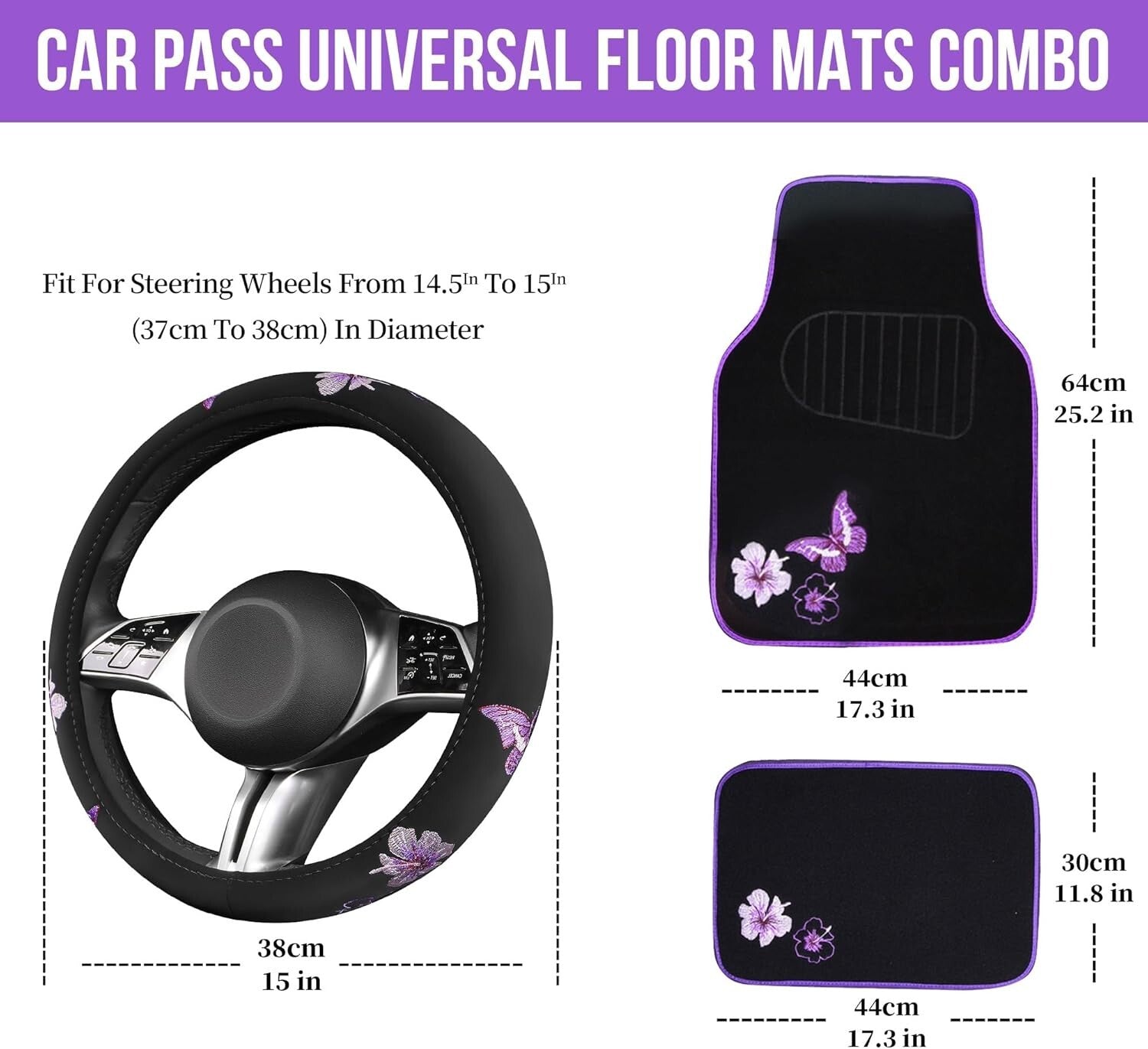 Elegant Purple Car Mats and Butterfly Steering Wheel Set - Easy Installation