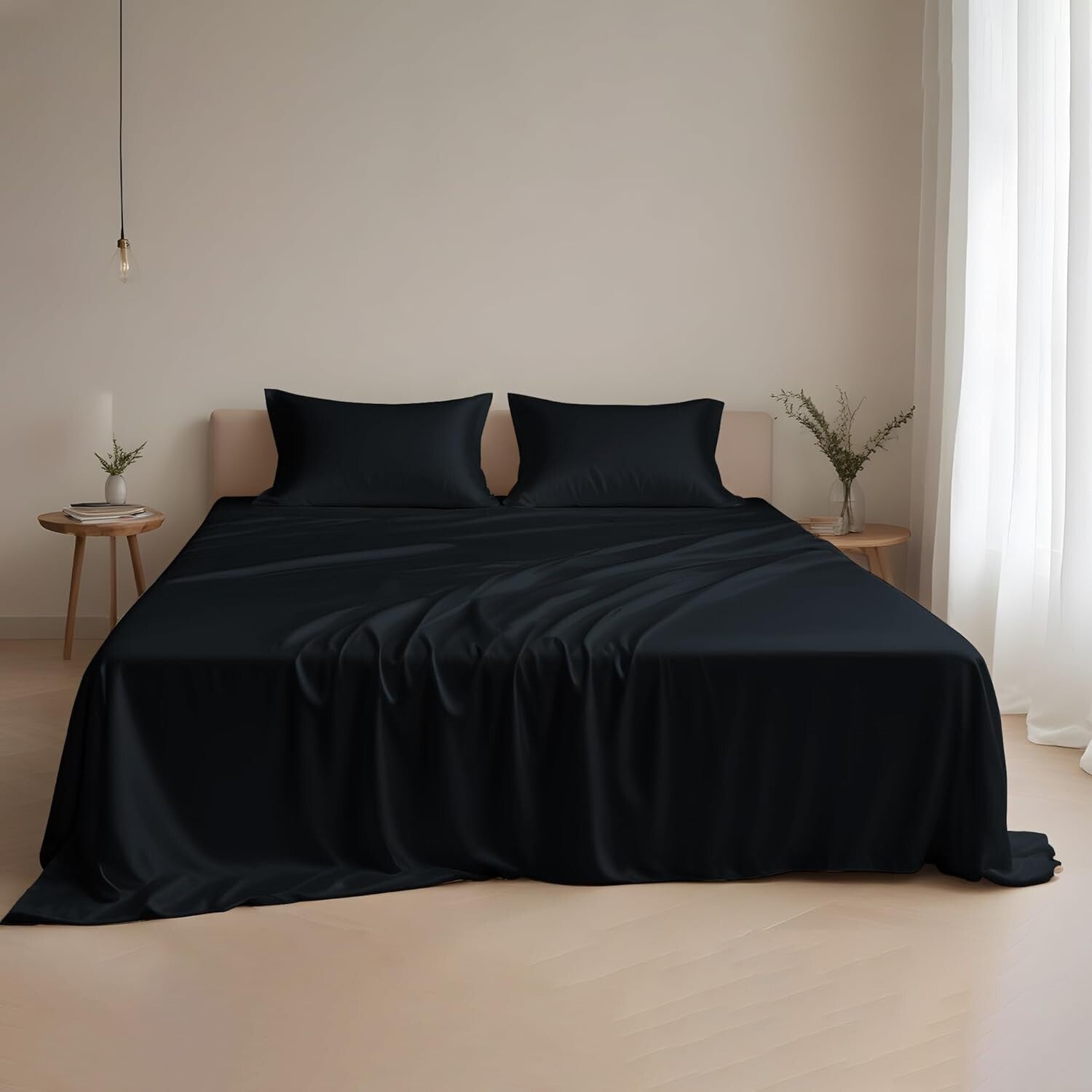 Black Tencel Lyocell Sheet Set - Queen Size, Deep Pocket, Luxurious Comfort