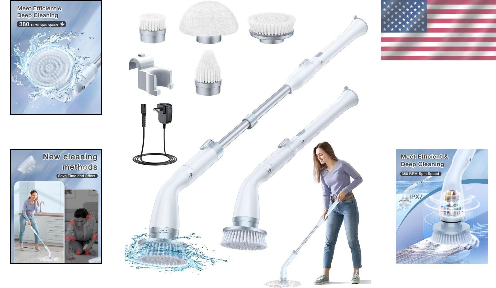 High-Speed 380 RPM Electric Spin Scrubber with 4 Brush Heads for All Surfaces