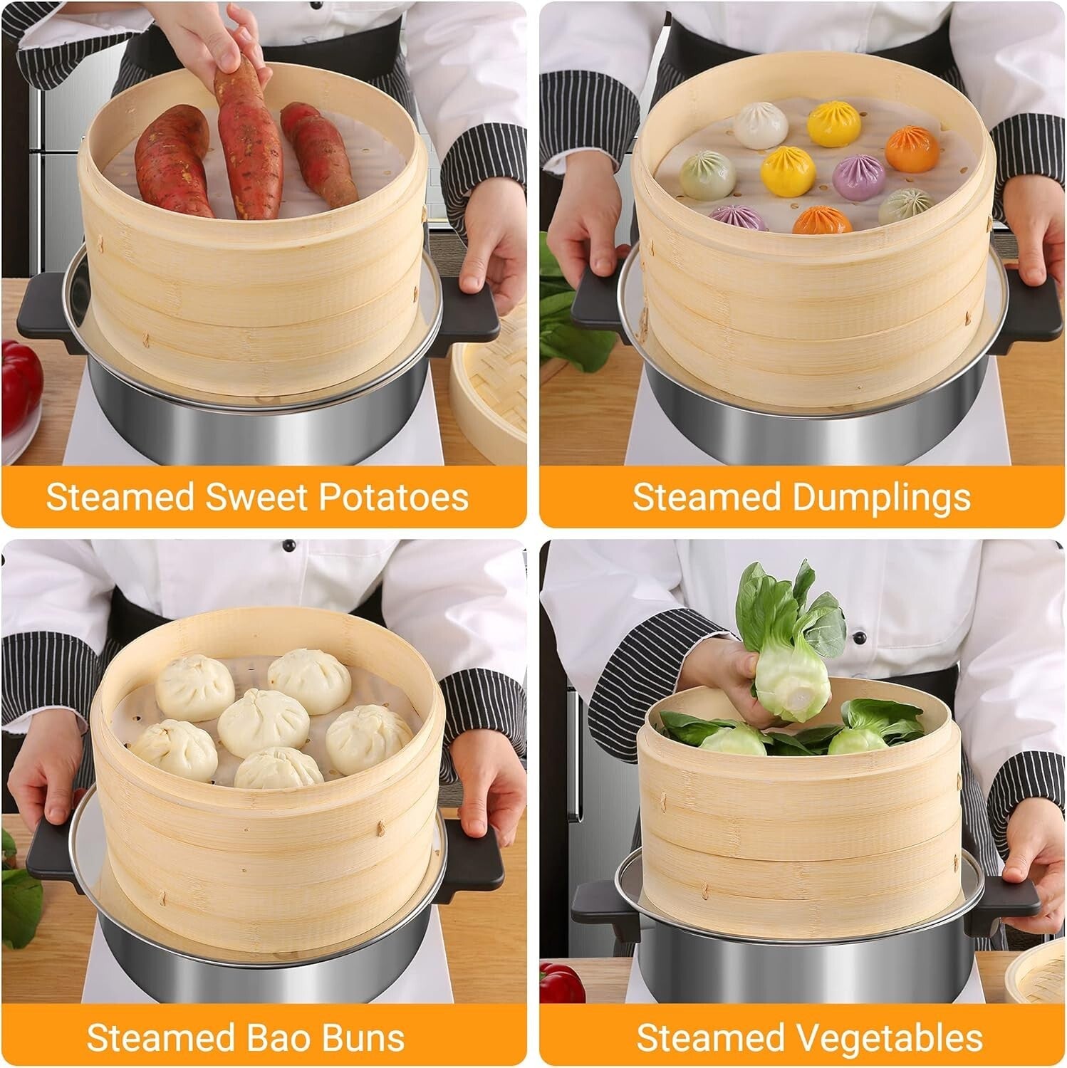 Authentic Bamboo Steamer with Extra Depth for Steaming Fish, Dumplings & Veggies