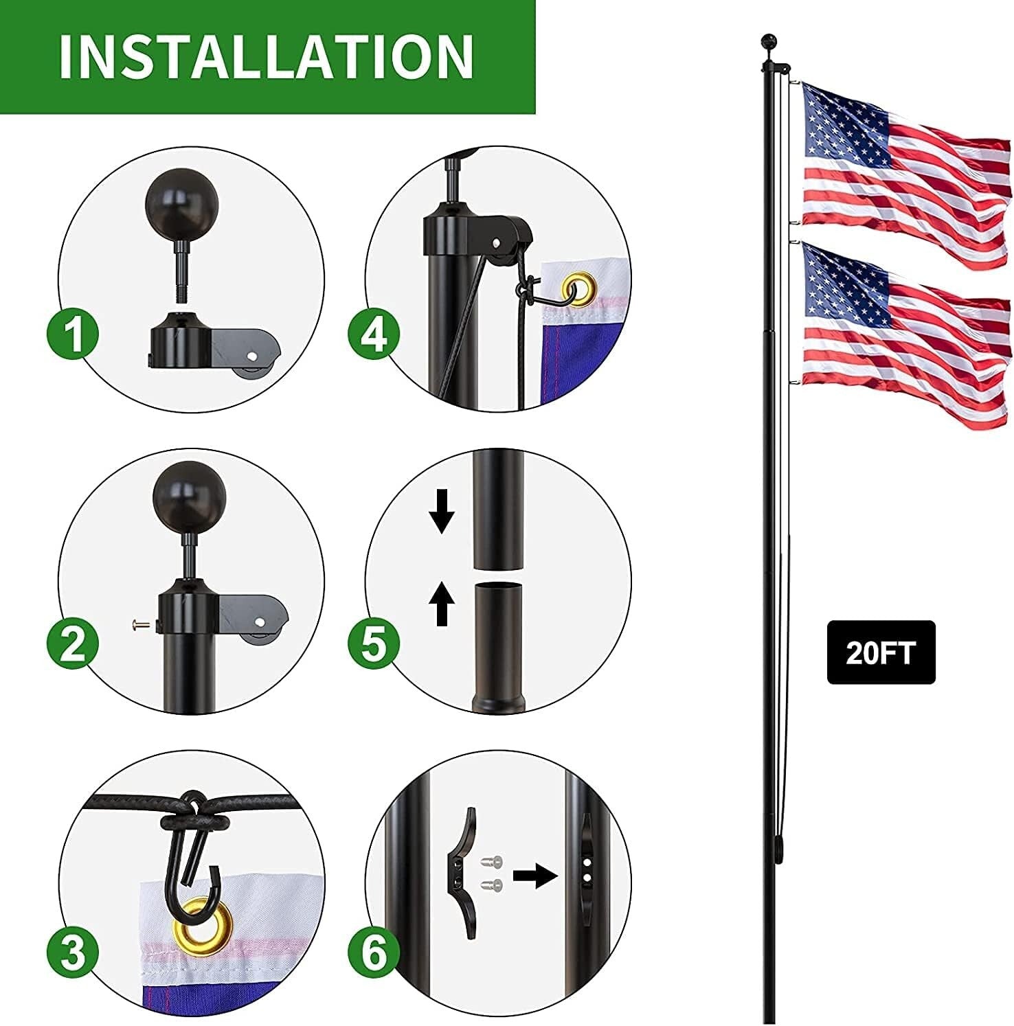 Extra Thick 20 FT Outdoor Flag Pole - Includes 3x5 American Flag and Accessories