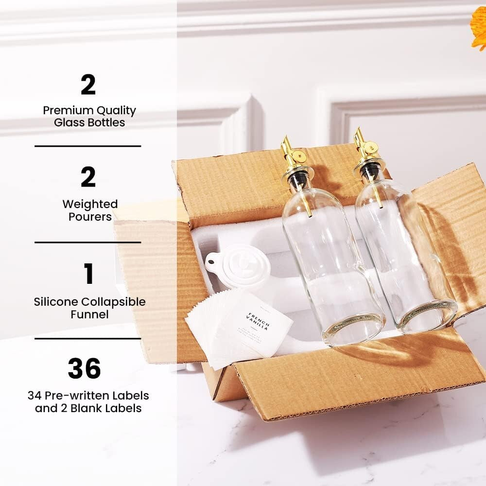 Elegant Minimalist Glass Olive Oil and Vinegar Dispenser Set with Labels - 500ml