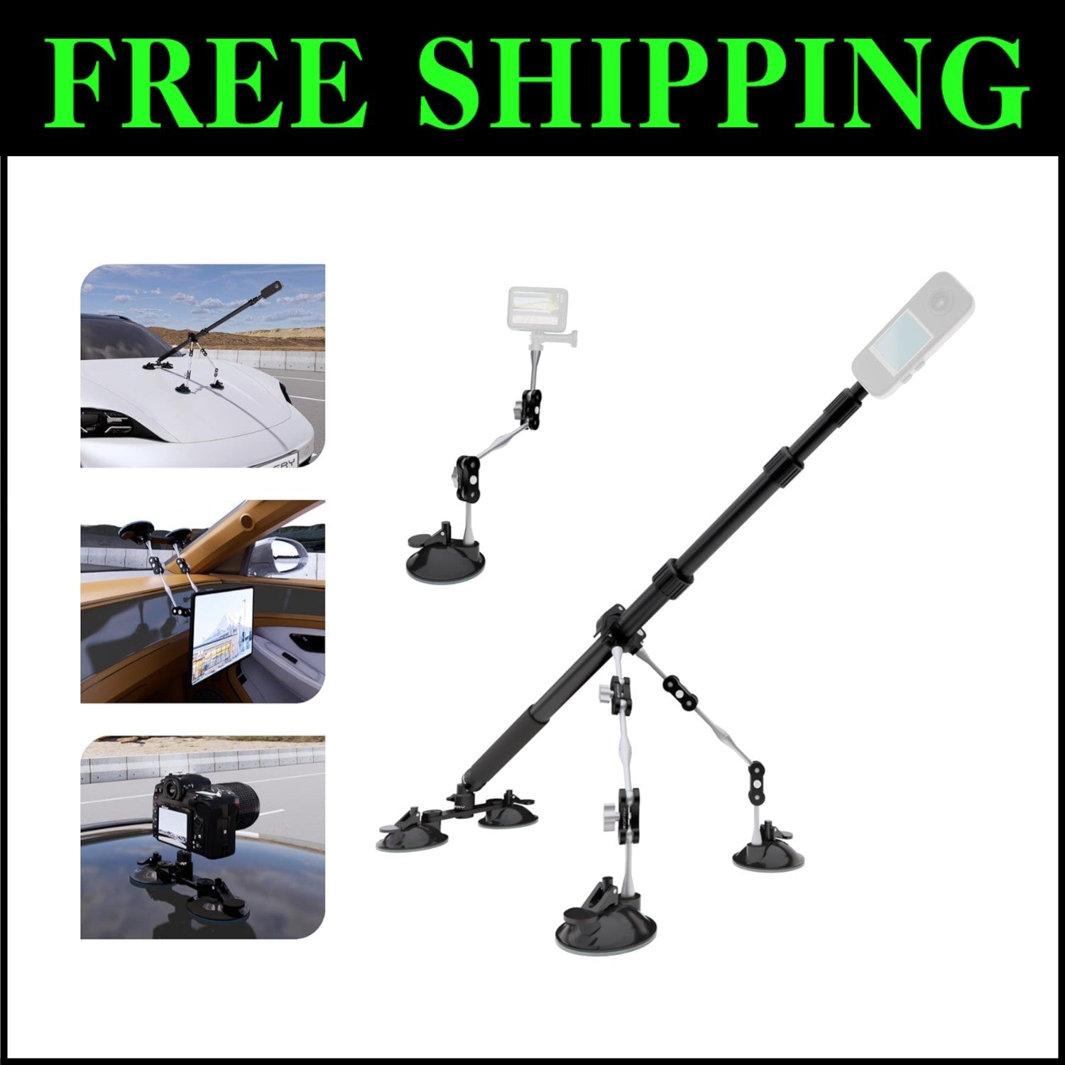 Aviation Grade Aluminum Car Mount with 44-Inch Selfie Stick for Action Cameras