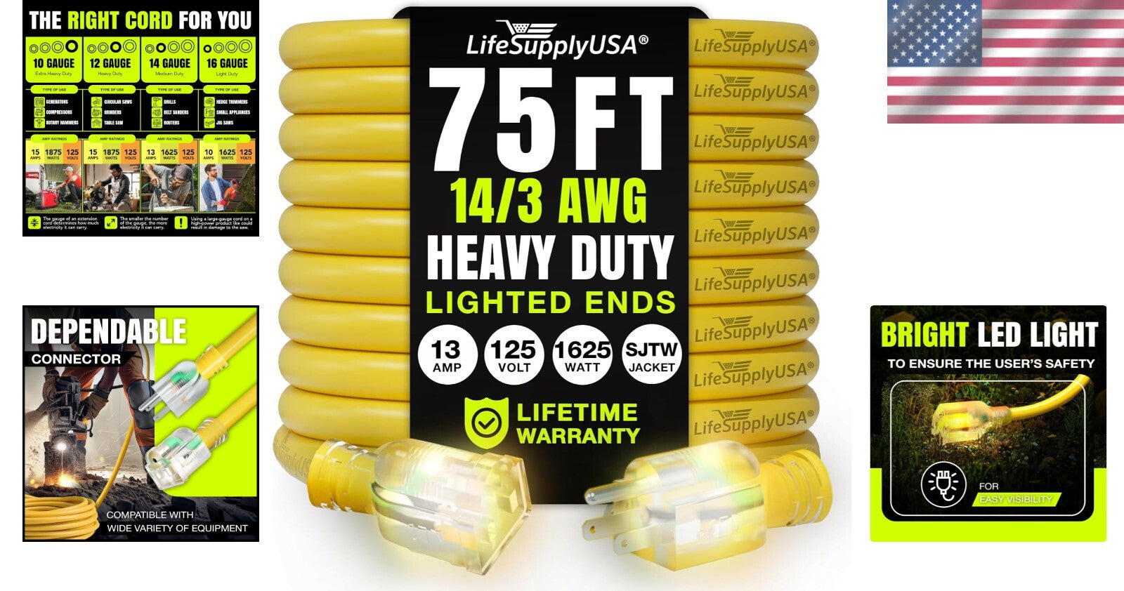 15 Amp 75ft Yellow Extension Cable - Heavy Duty, Waterproof, for All Power Needs