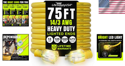 15 Amp 75ft Yellow Extension Cable - Heavy Duty, Waterproof, for All Power Needs