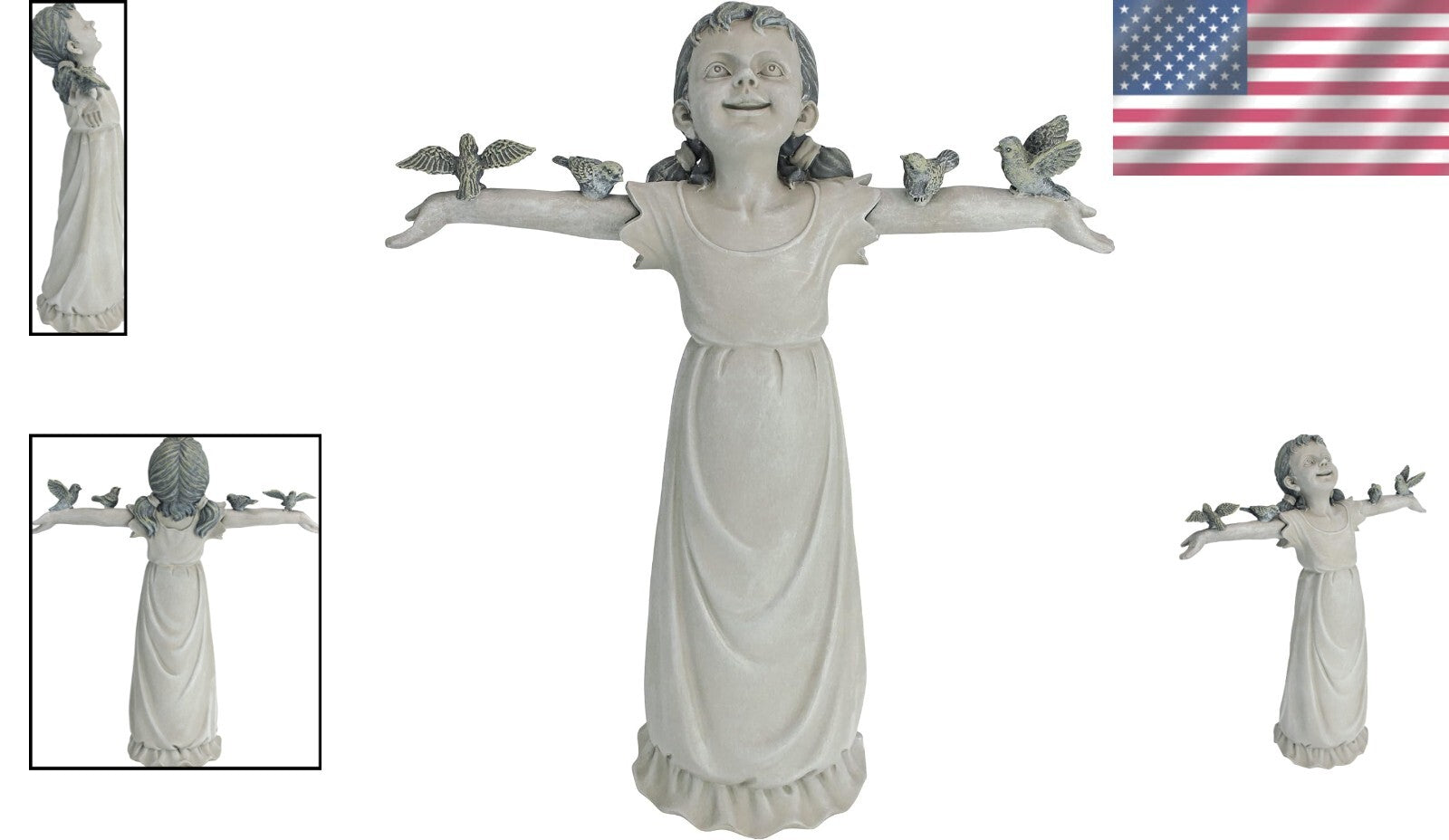 Delightful 16-Inch Little Girl with Birds Cast Stone Resin Garden Figurine