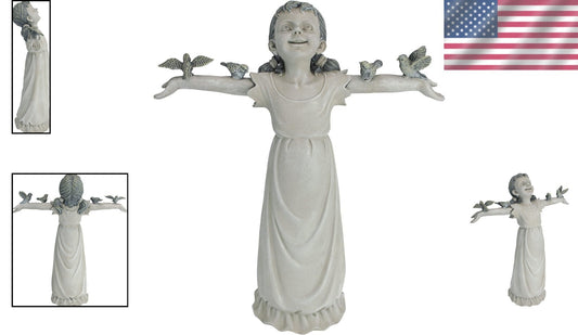 Delightful 16-Inch Little Girl with Birds Cast Stone Resin Garden Figurine