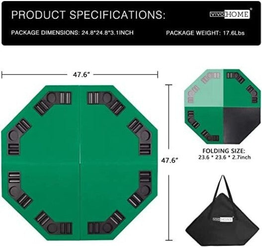Durable 48-Inch Poker Table - Anti-Slip Mat for 8 Players with Drink Holders