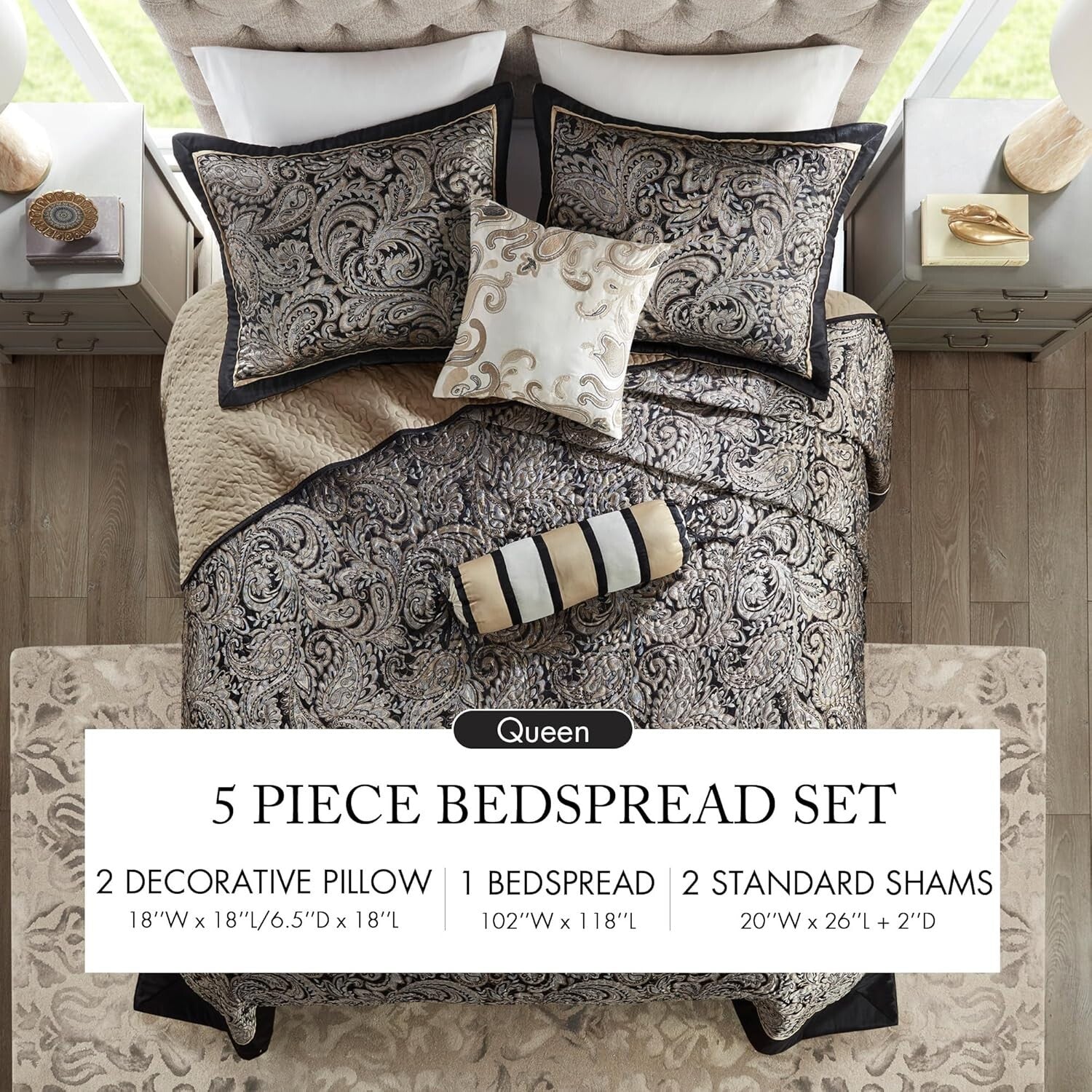 5-Piece Black Quilted Bedding Set with Decorative Pillows - All Season Comfort