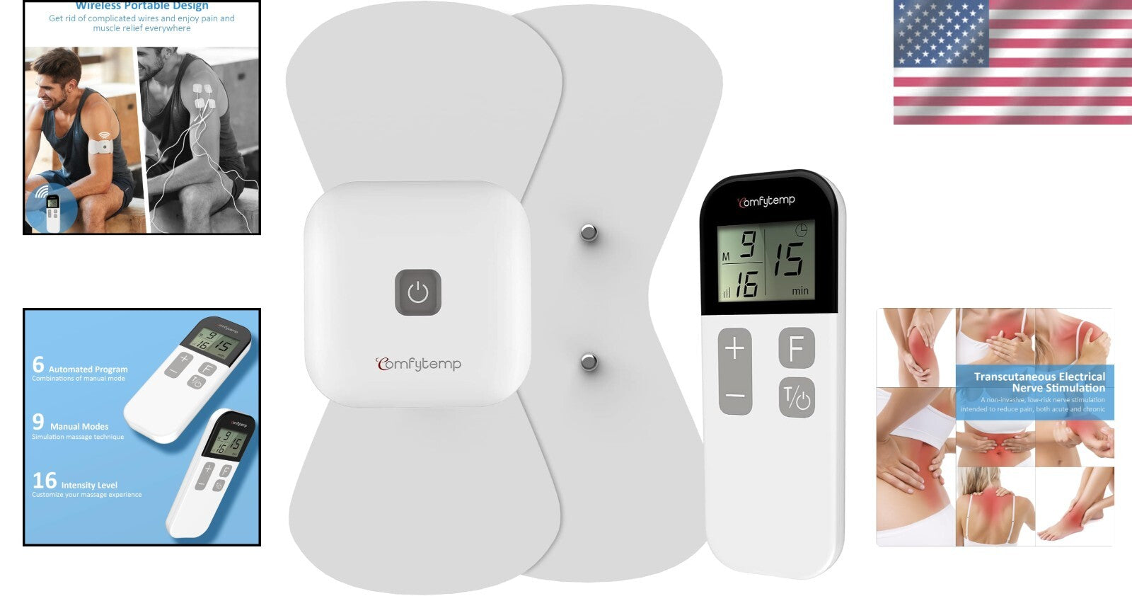 Powerful TENS Therapy Machine - 2 Adhesive Pads, 15 Custom Modes for Pain Relief